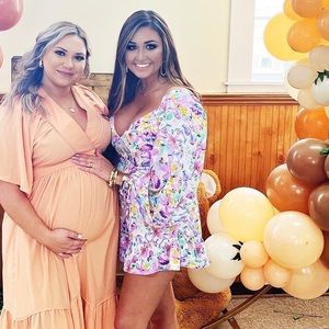 Long bubble sleeve floral romper- white multi color